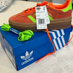 NWT, Adidas Gazelle Bold, Solar Orange and Lime Green, 7